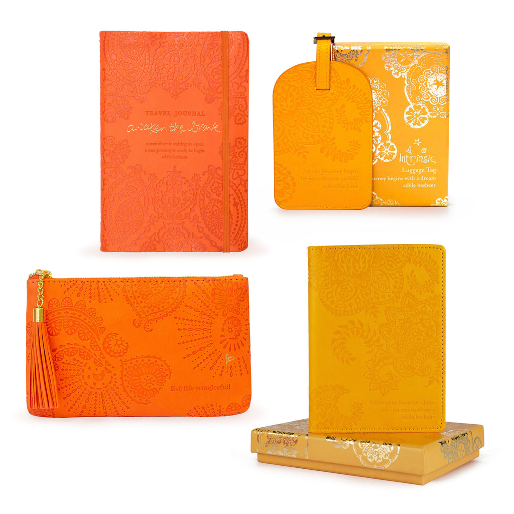 The perfect gift for first-time travellers or experienced globetrotters with well-worn passports, Intrinsic's Chase the Sun Travel Gift Bundle is a vibrant selection of luxury designer travel accessories, adorned with gorgeous illustrations, bright sunny hues, and motivational messages from inspiration icon Adèle Basheer.