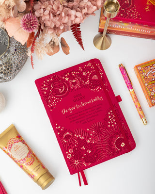 Intrinsic Radiant Ruby red 'Year to Dream Boldly' Diary with daily organiser pages, empowering journaling prompts & uplifting inspiration for Australia / New Zealand.