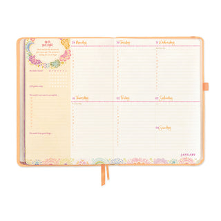 Creamy light orange Citrine Dream 'Year for New Beginnings' Intrinsic Diary - Weekly Planner spread with daily appointments, habit tracking, gratitude record & uplifting quote by Adèle Basheer.