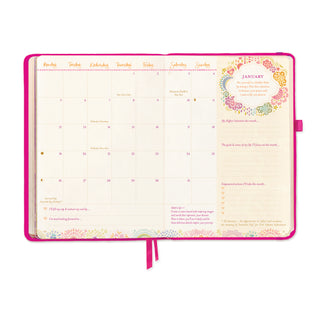 Monthly Planner organiser from Intrinsic Rise Strong Diary in Positively Pink, featuring calendar, goal-setting, gratitude practice & motivational quote by Adèle Basheer.