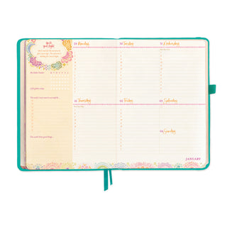 Weekly Planner and Organiser in the Turquoise Twist 'Year to Ignite Your Light' Intrinsic Diary, with habit tracking, daily record, gratitude record & inspirational quote by Adèle Basheer.