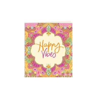 Australian Brand Intrinsic Happy Vibes motivational Gift Tag for best wishes, gifts for her and birthday gifts. Complete your gift packs with yellow, pink and green bohemian patterned present tag with gold foil. Inspirational occasion swing tag for joy and good luck with heartfelt quote by Adele Basheer. Blank Inside for your message.