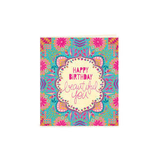 Australian Brand Intrinsic Happy Birthday Beautiful You Gift Tag for showing love and appreciation. Complete your gift packs, gifts for her and birthday gifts with this present tag with pretty turquoise and pink on a bohemian design and gold foil. Birthday swing tag with heartfelt quote by Adele Basheer. Blank Inside for your message.