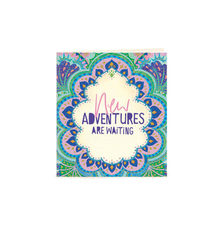 Australian Brand Intrinsic New Adventures are Waiting Gift Tag to inspire someone special to trust and embrace new beginnings. Complete your personalised gifts with purple, blue and turquoise on a bohemian design, and sparkles of gold foil. Inspirational good luck swing tag with heartfelt quote by Adele Basheer. Blank Inside for you message.