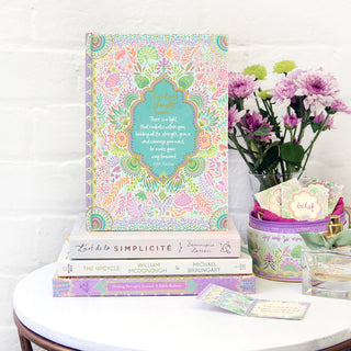 Australian Brand Intrinsic Healing Thoughts Guided Journal. Mint green, amethyst purple and lemon yellow floral patterned guided journal for navigating stages of illness, job loss, divorce, breakup, grief, moving, depression, anxiety and hardship. A5 Hardcover gold foil notebook with inspiring heartfelt quote on cover by Adele Basheer. Journaling prompts for the self-discovery journey.