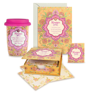Show your gorgeous Mumma love with this beautiful collection - featuring a Travel Cup, Notebox with decorative notepaper, and matching gift tag or Greeting Card with inspirational quotes from Adèle Basheer.