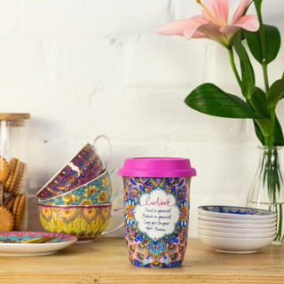 Intrinsic Ceramic Pink and Colourful Coffee Travel Mug with motivational message