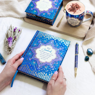 Intrinsic dream journal with navy ballpoint pen and destiny ceramic mug