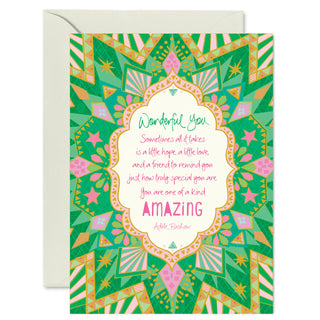 Australian Brand Intrinsic ‘Wonderful you' friendship Greeting Card. Green geometric patterned wishing friendship card for thanks and gratitude. Inspirational occasion card with heartfelt quote by Adele Basheer. Blank Greeting Cards.