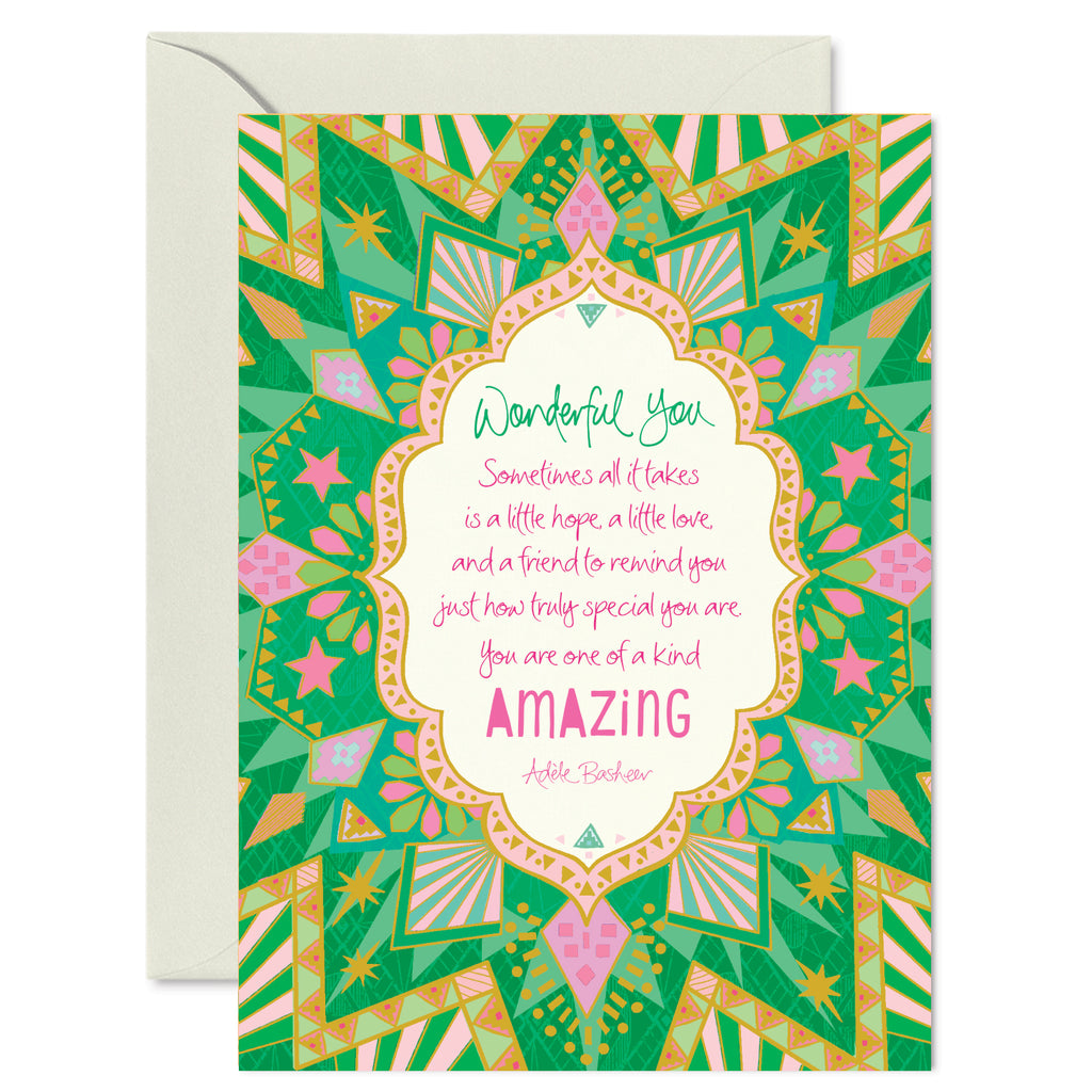Australian Brand Intrinsic ‘Wonderful you' friendship Greeting Card. Green geometric patterned wishing friendship card for thanks and gratitude. Inspirational occasion card with heartfelt quote by Adele Basheer. Blank Greeting Cards. 
