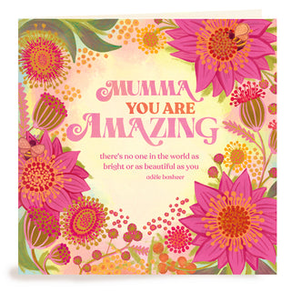 Intrinsic heartfelt ‘Mumma you are Amazing' Greeting Card - pink, green and yellow Mum greeting card with floral illustrations and bees - Made in South Australia