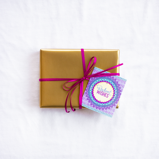 Intrinsic Radiant Wishes motivational Gift Tag with blank inside. Unique colourful, hand-illustrated gift label with gold foil and inspirational quote on cover by Adele Basheer. Beautiful swing tag for special occasions, good luck, birthday celebrations, personalised gifts for someone’s special day and gift packs for milestones.