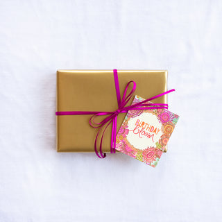 Intrinsic Birthday Bloom Gift Tag with blank inside. Unique colourful birthday gift label with gold foil and inspirational quote on cover by Adele Basheer. Beautiful swing tag for birthday celebrations, gifts for someone’s special day and birthday milestones.