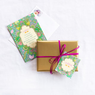 Intrinsic Gratitude For You Gift Tag with blank inside. Unique colourful gift label with gold foil and inspirational quote on cover by Adele Basheer. Beautiful swing tag for showing appreciation and thanks, for special occasions, birthday celebrations, gifts for someone’s special day and milestones.