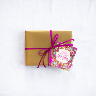 Intrinsic Happy Birthday Gorgeous Gift Tag with blank inside. Unique colourful birthday gift label with gold foil and inspirational quote on cover by Adele Basheer. Beautiful swing tag for birthday celebrations, personalised gifts for someone’s special day and gift packs for birthday milestones.