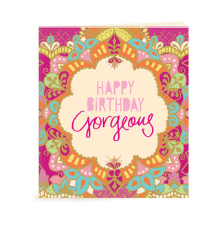 Australian Brand Intrinsic Happy Birthday Gorgeous Gift Tag to delight in gifts for her and birthday gifts. Patterned present tag with pink, orange and turquoise on a hand illustrated bohemian design and gold foil. Birthday swing tag with heartfelt quote by Adele Basheer. Blank Inside for you message.