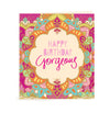 Australian Brand Intrinsic Happy Birthday Gorgeous Gift Tag to delight in gifts for her and birthday gifts. Patterned present tag with pink, orange and turquoise on a hand illustrated bohemian design and gold foil. Birthday swing tag with heartfelt quote by Adele Basheer. Blank Inside for you message. 