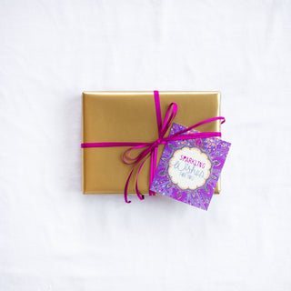 Intrinsic Sparkling Wishes For You motivational Gift Tag with blank inside. Unique colourful, ethereal gift label with gold foil and inspirational quote on cover by Adele Basheer. Beautiful swing tag for special occasions, good luck, birthday celebrations, personalised gifts for someone’s special day and gift packs for milestones.
