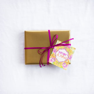 Intrinsic Birthday Wishes Burst  Gift Tag with blank inside. Unique colourful birthday gift label with gold foil and inspirational quote on cover by Adele Basheer. Beautiful, hand-illustrated swing tag for birthday celebrations, personalised gifts for someone’s special day and gift packs for birthday milestones.
