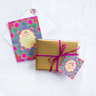 Intrinsic Happy Birthday Beautiful You Gift Tag with blank inside. Unique colourful birthday gift label with gold foil and inspirational quote on cover by Adele Basheer. Beautiful, hand-illustrated swing tag for birthday celebrations, personalised gifts for someone’s special day and gift packs for birthday milestones.
