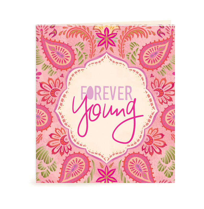 Australian Brand Intrinsic Forever Young Gift Tag to celebrate someone special of any age! Complete your gift packs, gifts for her and birthday gifts with this inspiring present tag with pretty pink hues on a unique bohemian design and gold foil. Birthday swing tag with heartfelt quote by Adele Basheer. Blank Inside for your message. 