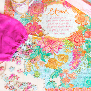 Australian Intrinsic Rainbow Bloom 1000 Piece Jigsaw Puzzle with motivational message and pink pouch bag