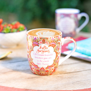 Hello Gorgeous Inspirational Coffee Mug. Designed in South Australia. Colourful design with real gold, pink, red, orange and purple patterns.