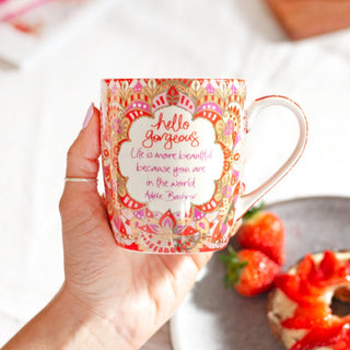 Australian Inspirational Brand Intrinsic Mug with positive “hello gorgeous” message for women. Gift boxed for easy gifting.