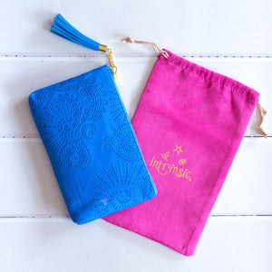 Adele Basheer Intrinsic blue vegan leather coin purse with velour pink pouch 