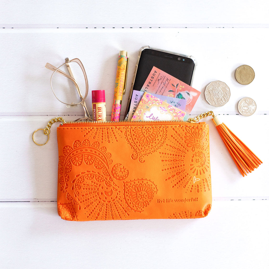Adele Basheer Intrinsic vegan leather orange  coin purse - small lightweight orange female wallet, mini orange makeup bag, small orange pencil case 