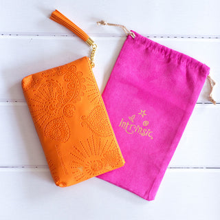 Adele Basheer Intrinsic orange vegan leather coin purse with velour pink pouch - boho print orange purse