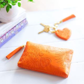 Intrinsic matching essential orange coin and phone purse and orange heart shaped tassel keychain - orange vegan leather -  designed in South Australia