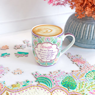 Intrinsic Inspirational courage and strength ceramic coffee cup and mug with pastel illustrations