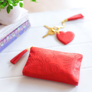 Intrinsic matching essential red coin and phone purse and red heart shaped tassel keychain - red vegan leather -  designed in South Australia