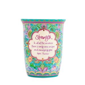 Intrinsic inspirational strength and courage ceramic reusable travel coffee cup with multi-colour turquoise print, gold foiling and hot pink silicone lid. Gift for strength, someone going through hard times  