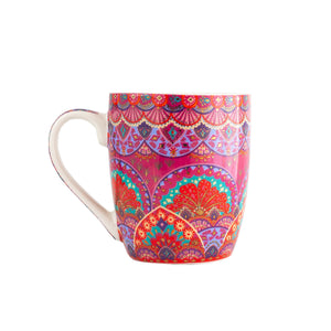 Intrinsic Ceramic Rise Strong Coffee Mug with red, pink and purple bohemian patterning 