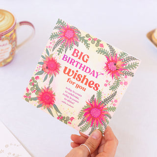 ‘Big Birthday Wishes’ Adèle Basheer Quote Greeting Card with heartfelt birthday message - Blank inside, red and green cover with flowers and bee - Made in South Australia - Birthday card for family, friend, Mum, Sister, Aunt, Girlfriend