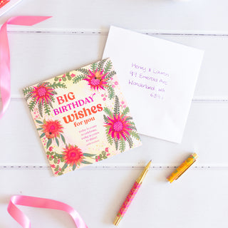 ‘Big Birthday Wishes’ Adèle Basheer Quote Greeting Card with heartfelt birthday message - Blank inside, red and green cover with flowers and bee - Made in South Australia - Birthday card for family, friend, Mum, Sister, Aunt, Girlfriend
