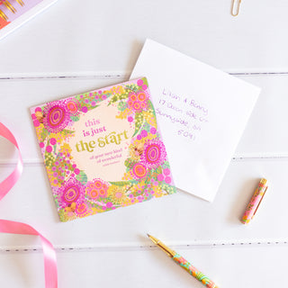 Adèle Basheer Quote Greeting Card with heartfelt motivational message - Blank inside, colourful cover with pink Australian flowers and bees - Made in South Australia
