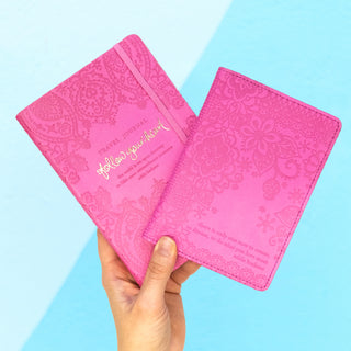 Intrinsic Luxe Faux Leather Travel Accessories with Inspirational Quotes- Pale Pink Luggage Tag, Light Pastel Pink Travel Journal,