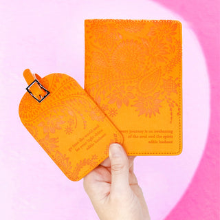 Intrinsic Luxe Faux Leather Travel Accessories with Inspirational Quotes- Sunrise Orange Luggage Tag, Pastel light Orange Passport Holder