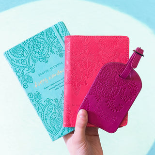 Intrinsic Luxe Faux Leather Travel Accessories with Inspirational Quotes- plum cherry purple Luggage Tag, turquoise Travel Journal, peach coral Passport Holder