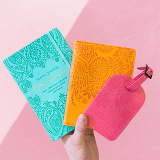 Intrinsic Luxe Faux Leather Travel Accessories with Inspirational Quotes- turquoise aqua Travel Journal, light pastel orange passport wallet, peach coral luggage tag