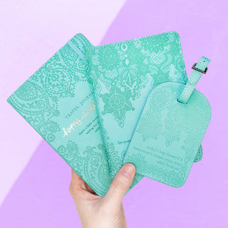Intrinsic Luxe Faux Leather Travel Accessories with Inspirational Quotes- Aqua Luggage Tag, Blue Travel Journal, Turquoise Passport Holder