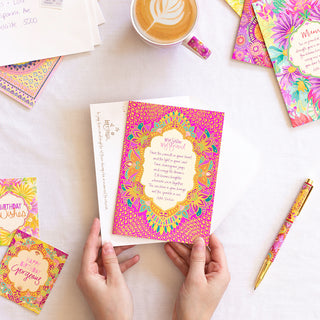 Australian Brand Intrinsic ‘my sister, my friend’ Greeting Card. Pink patterned sister card. Inspirational family occasion card with heartfelt quote by Adele Basheer. Blank Greeting Cards.