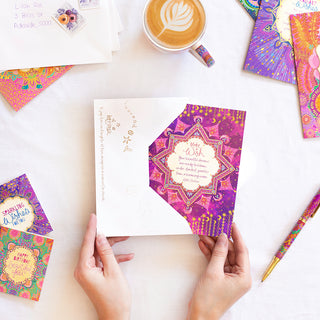 Intrinsic ‘Make a wish celebration themed greeting card with envelope. Unique colourful celebratory card with gold foil and inspirational quote on cover by Adele Basheer. Greeting card for someone who just graduated, house-warming greeting card, birthday card.
