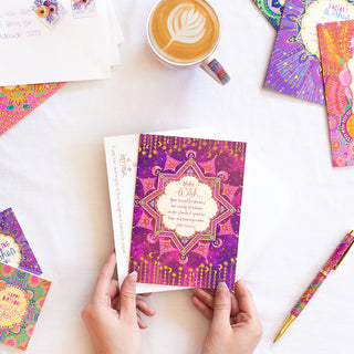 Intrinsic gold foiled beautiful greeting card for celebrating someone special. Pink and purple heartfelt greeting card with blank inside. Greeting card for birthday, new beginnings, card for someone with an exciting life event.