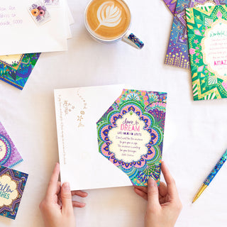 Australian Brand Intrinsic ‘dare to dream’ all-occasion Greeting Card for motivation. Blue bohemian patterned celebration card. Inspirational all-occasion gift card with heartfelt quote by Adele Basheer. Blank Greeting Cards.