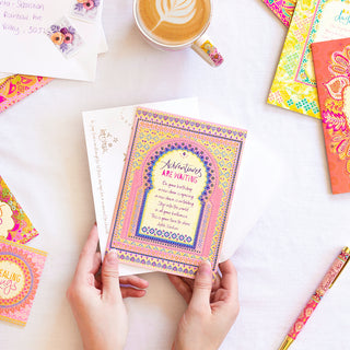 Australian Brand Intrinsic ‘Adventures are waiting' birthday Greeting Card for celebrations. Pink bohemian patterned wishing card for birthday celebrations. Inspirational birthday card with heartfelt quote by Adele Basheer. Blank Greeting Cards.