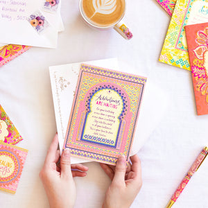 Australian Brand Intrinsic ‘Adventures are waiting' birthday Greeting Card for celebrations. Pink bohemian patterned wishing card for birthday celebrations. Inspirational birthday card with heartfelt quote by Adele Basheer. Blank Greeting Cards. 